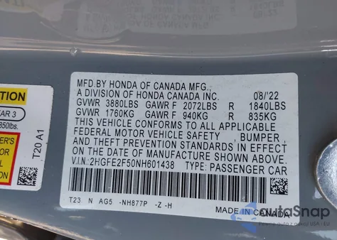 2022 Honda Civic Sport from USA, damaged, VIN 2HGFE2F50NH601438